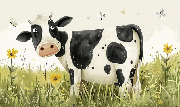 Photo a painting of a cow in a field with butterflies and butterflies