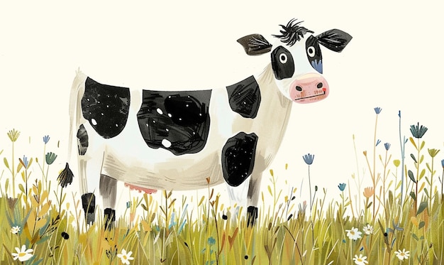 a painting of a cow in a field with flowers