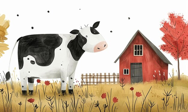 a painting of a cow in a field with a house in the background