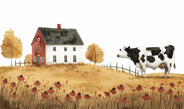 a painting of a cow and a house in the background