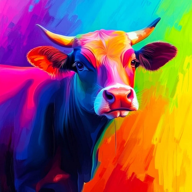 a painting of a cow with a colorful background