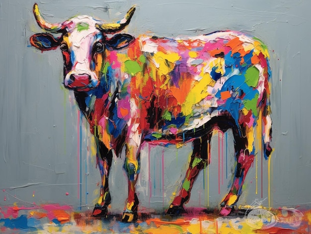 A painting of a cow with a multicolored cow on it.