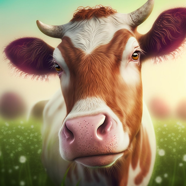 A painting of a cow with a pink nose