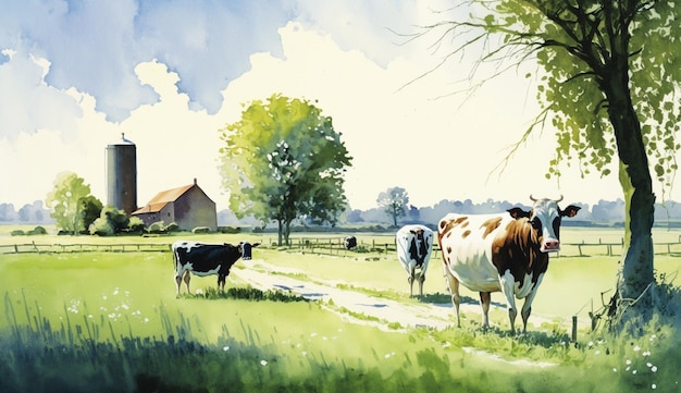 A painting of cows on a farm