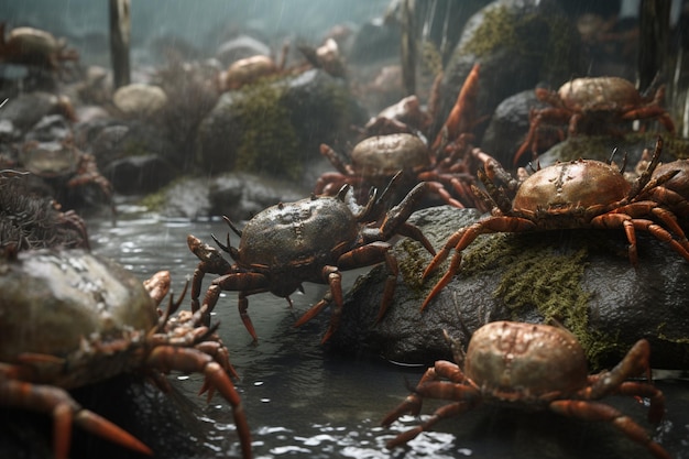 A painting of crabs in a stream