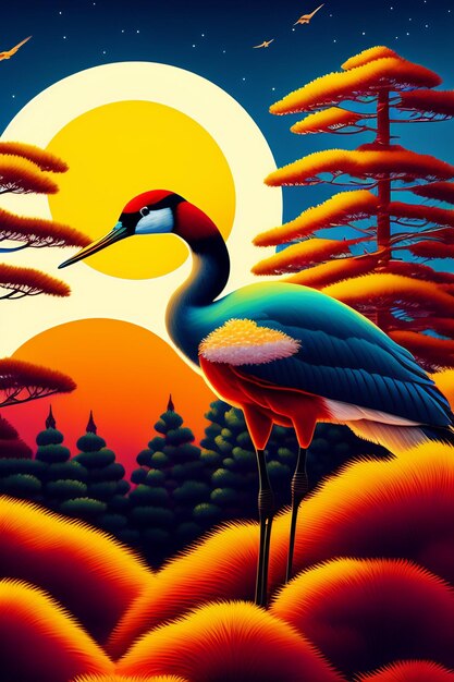 A painting of a crane with the sun shining on it