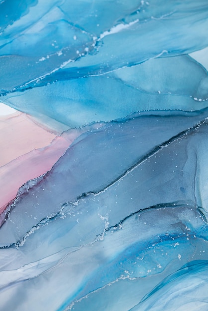 Painting created with alcohol ink Soft smooth color transitions combined with clear gold and silver edges Blue pink green abstract color combination