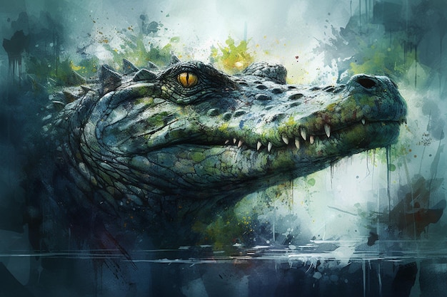 A painting of a crocodile with a green background and the word alligator on the bottom.