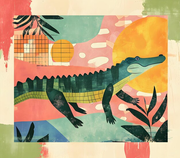 Photo a painting of a crocodile with a sun in the background