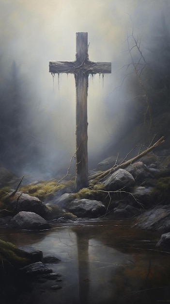 a painting of a cross in the fog by person