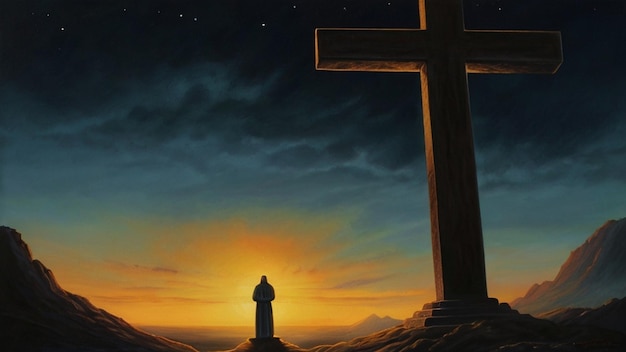 a painting of a cross with the sun setting behind it