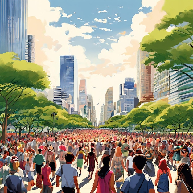 a painting of a crowd of people in a park with a sky background