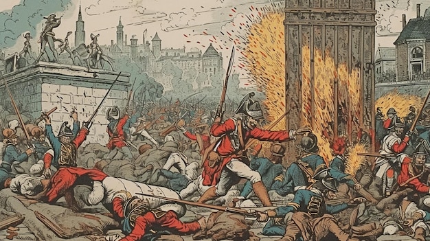 A painting of a crowd of people in red uniforms and a red uniform with the words london on the front.