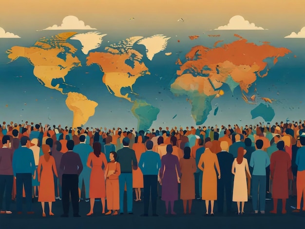 a painting of a crowd of people standing in front of a world map