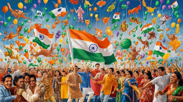 a painting of a crowd of people with a flag that says quot india quot