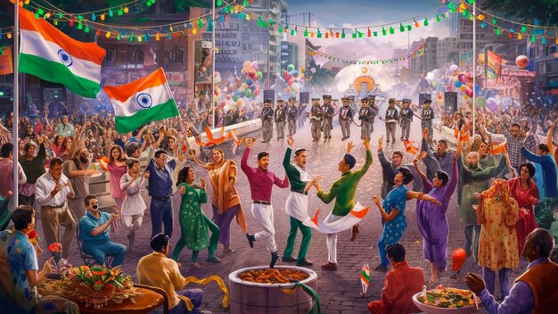 Photo a painting of a crowd of people with a flag that says  india