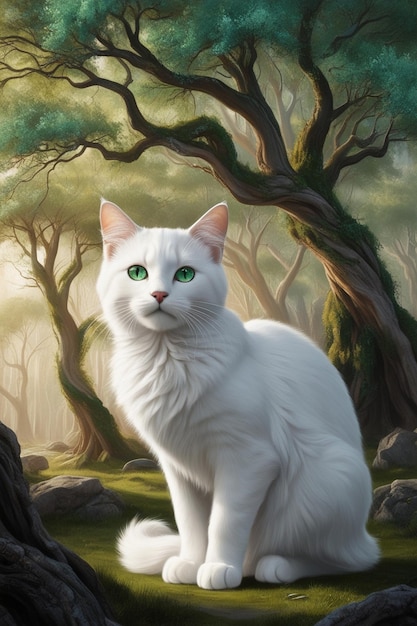 a painting cute cat in the forest