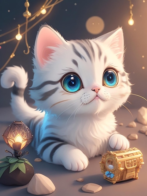 A painting of a cute Kitten with blue eyes looking upwards