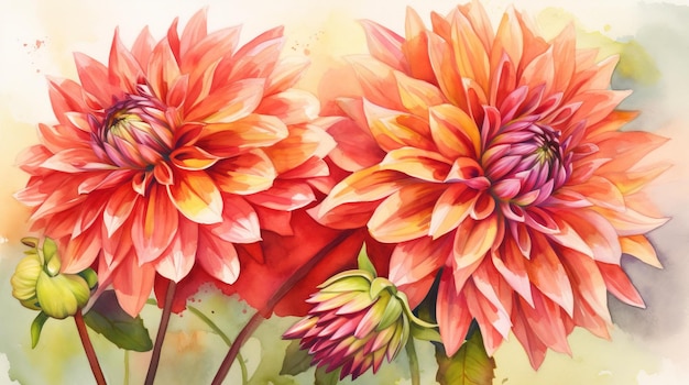 A painting of dahlias with a green background