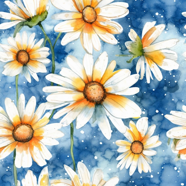 A painting of daisies on a blue background