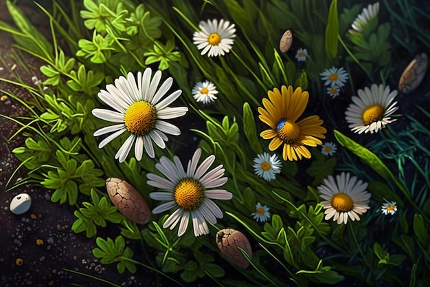 A painting of daisies and a bud in the grass.