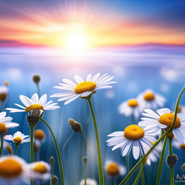 A painting of daisies in a field with the sun setting behind them.