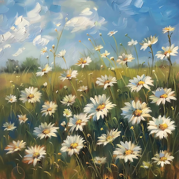 a painting of daisies in a field with the sun shining through the clouds