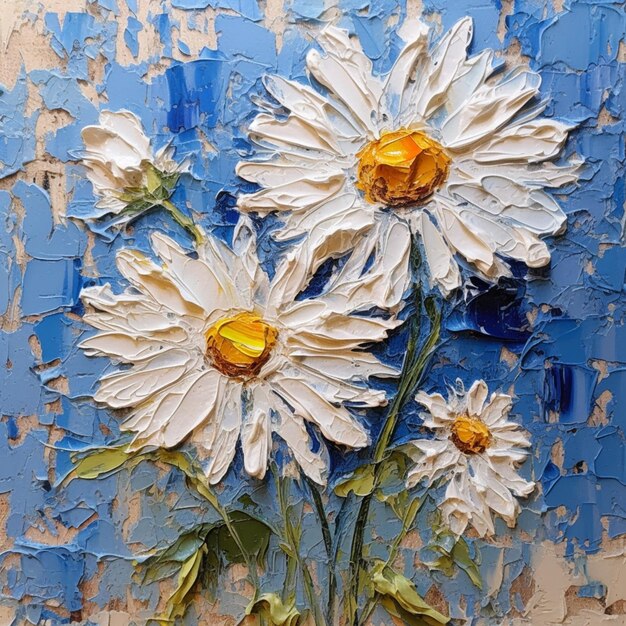 A painting of daisies is displayed on a blue background.