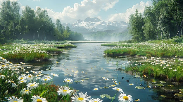 a painting of daisies and a river with mountains in the background