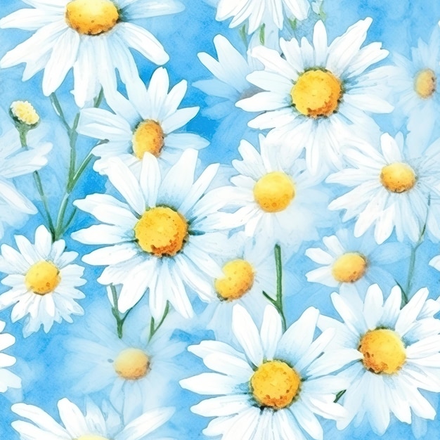 A painting of daisies with a blue sky background