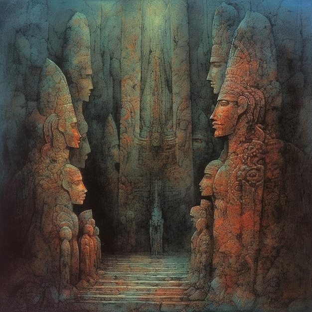 A painting of a dark cave with a large statues