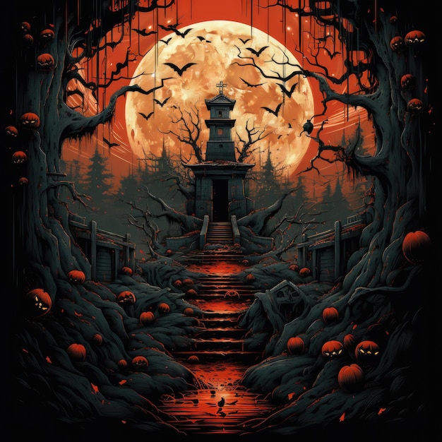 a painting of a dark forest with a red moon in the background