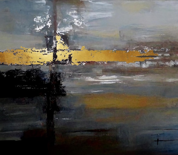 A painting of a dark grey and gold landscape with a dark grey background.