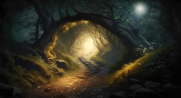 A painting of a dark, lit tunnel with a light at the bottom.