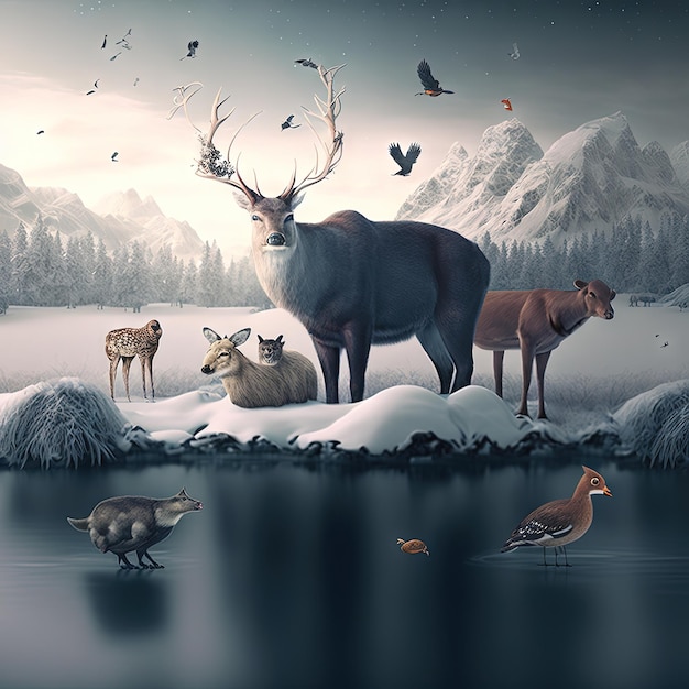 A painting of a deer and birds in the background