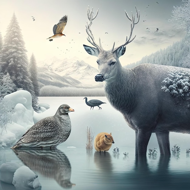 A painting of a deer and birds in a snowy landscape