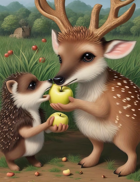 a painting of a deer and a deer with an apple in their hands