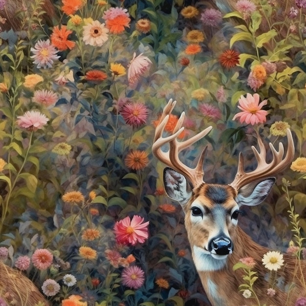 painting of a deer in a field of flowers with a bird nearby generative ai