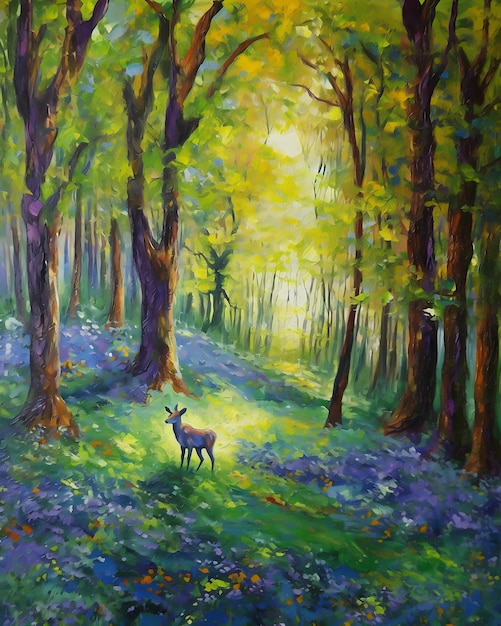 A painting of a deer in a forest with blue flowers.