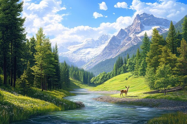 a painting of a deer in the mountains with a river in the background