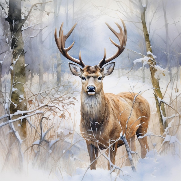 Painting of a deer in a snowy forest with trees and snow generative ai