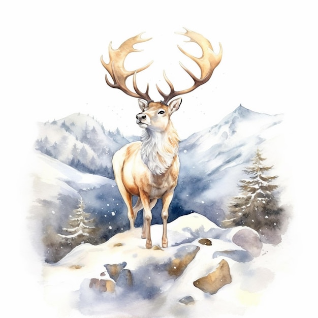 Painting of a deer standing on a snowy hill with trees generative ai