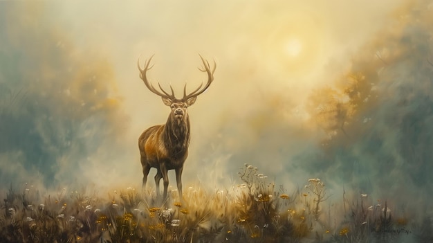 a painting of a deer with antlers in the grass