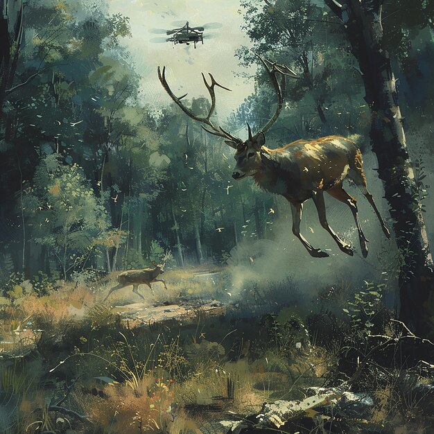 a painting of a deer with antlers in the woods