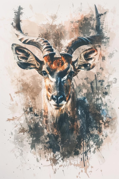 A painting of a deer with distinctive and impressive horns