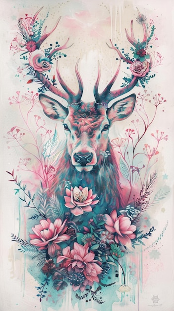 painting of a deer with flowers and birds in the background generative ai