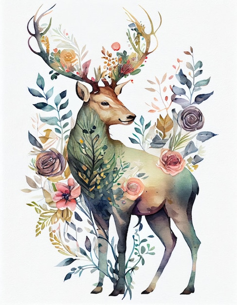 a painting of a deer with flowers and a deer in the background