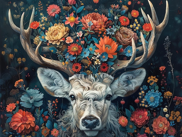 a painting of a deer with flowers and a deer head