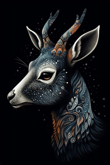 A painting of a deer with a pattern on its head.