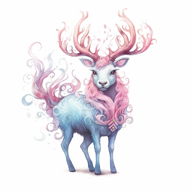 painting of a deer with pink hair and a pink mane generative ai